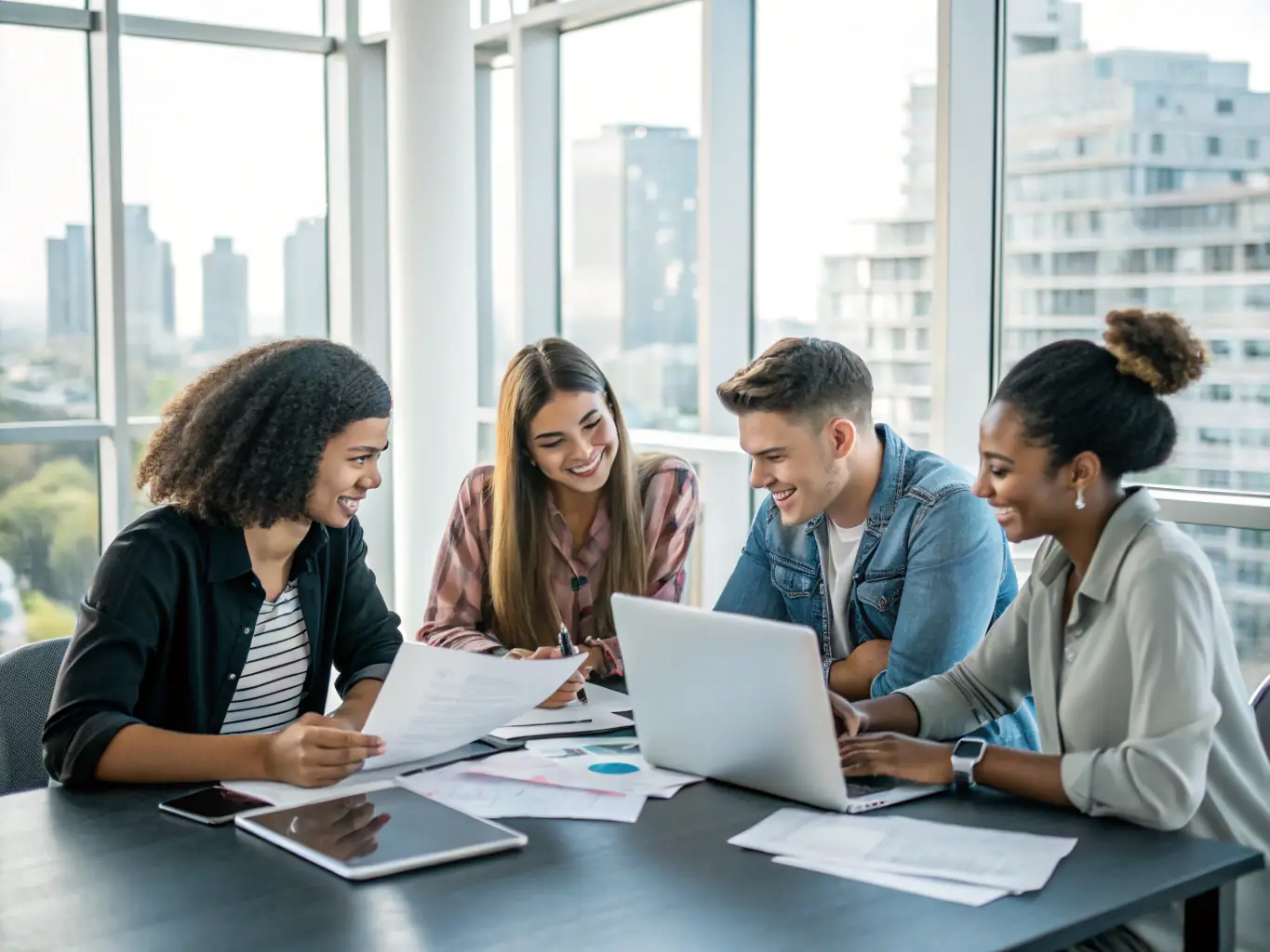 A professional image depicting a diverse group of candidates in a modern office setting, symbolizing talent recruitment. The scene should convey collaboration, innovation, and a positive work environment.