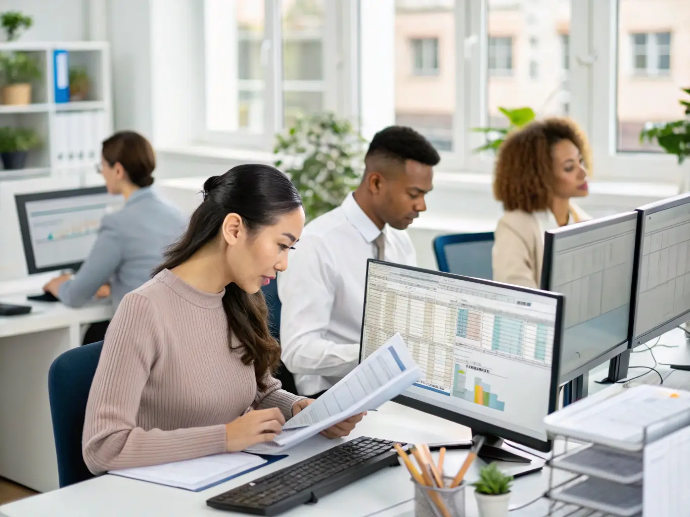 A visual representation of HR and payroll management, possibly showing digital interfaces or a team working on administrative tasks. The image should convey efficiency and reliability.